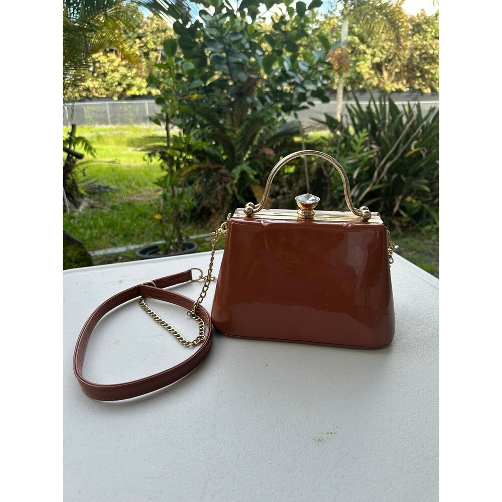 Patent Vegan Leather Crystal Clasp 40s 50s Inspired Crossbody Box Handbag